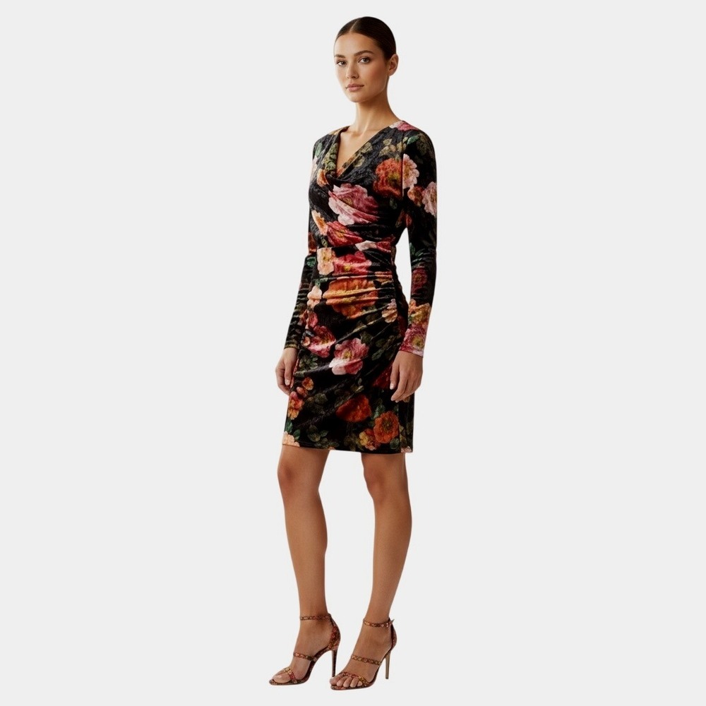 Guess Floral Tess Velvet Mini Dress Medium Wrap Front Zip Ruched Sides Coquette